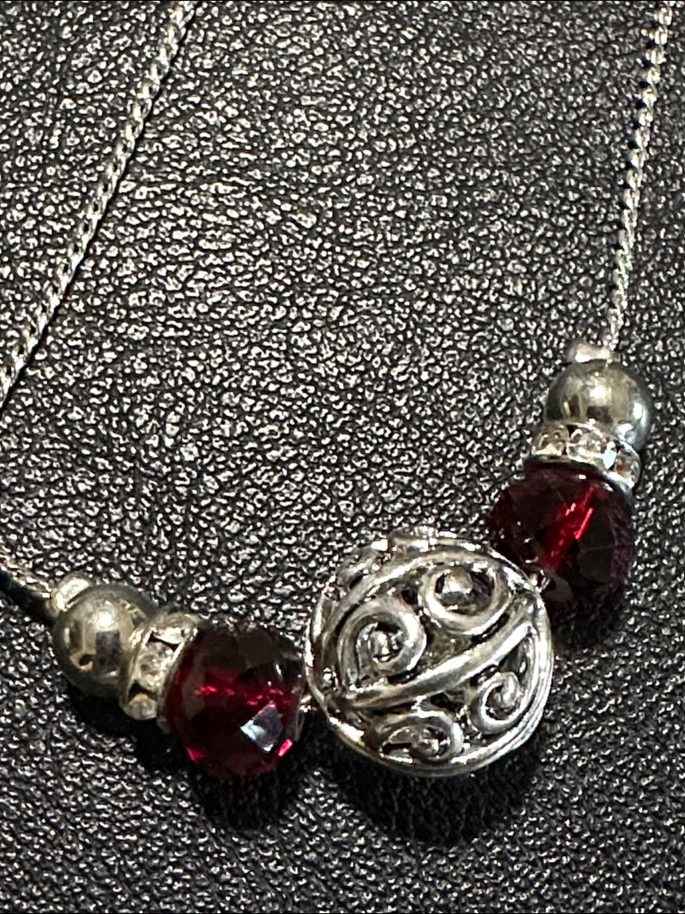 Scroll and Dots Faceted Red Crystal Silver Tone Long Necklace - Picture 7 of 13